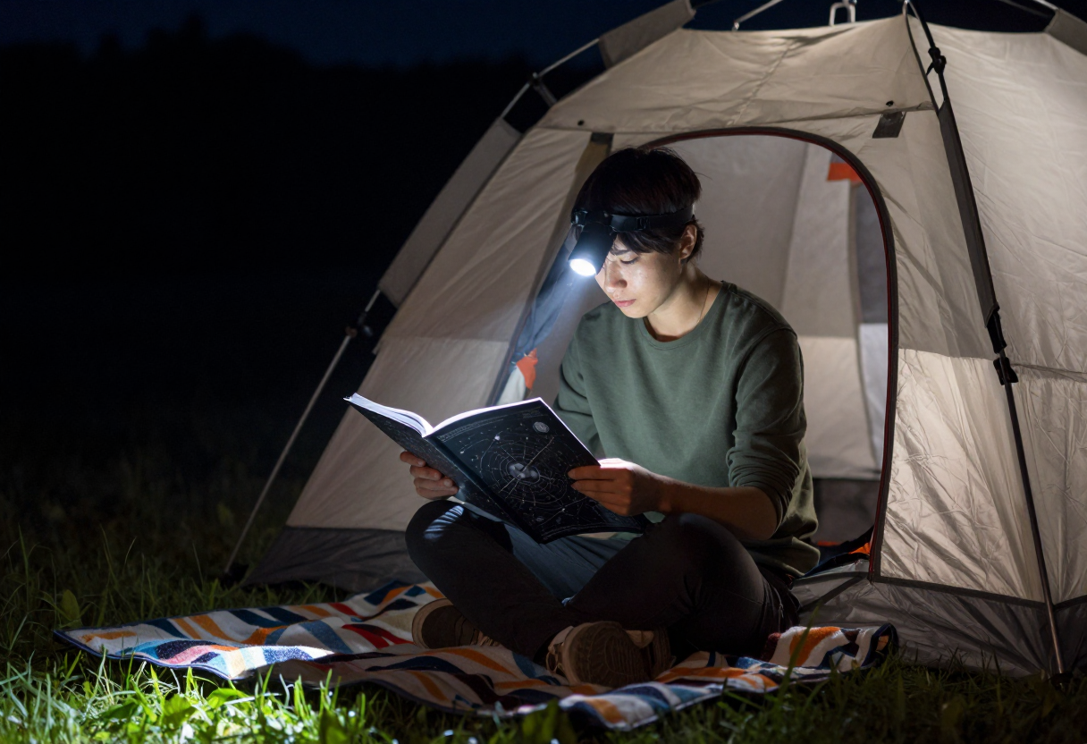 A person is sitting on a blanket outside their tent at night, using only headlamp light to read an astronomical chart or guide book.