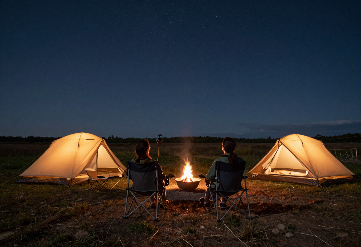 A wide shot of a rustic, well-organized campsite at dusk. Two people are setting up comfortable camping chairs facing away from the firepit, looking up towards an immense darkening sky full of visible stars.