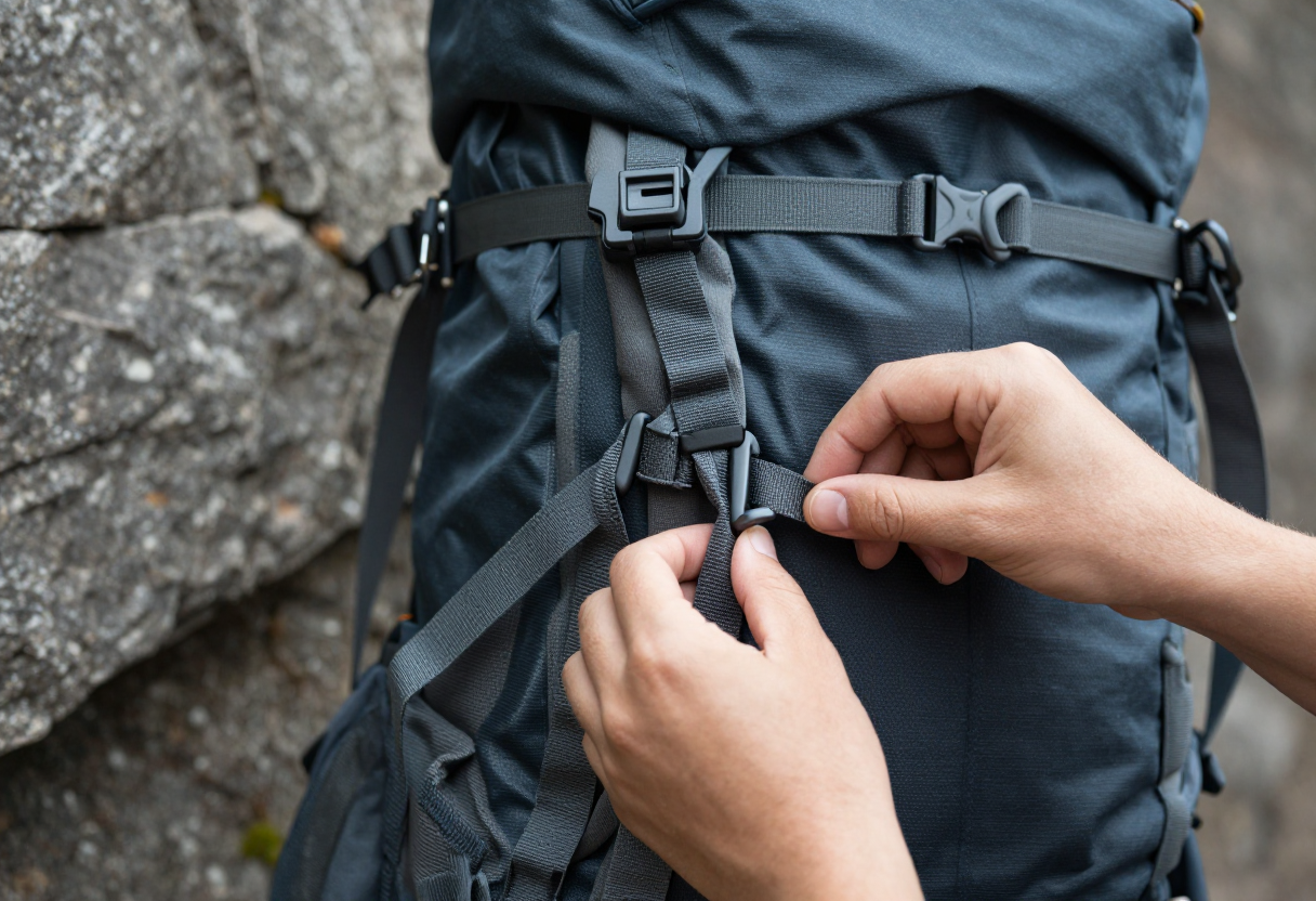 Close up of hands adjusting a hiking pack's weight distribution straps against a rock wall.