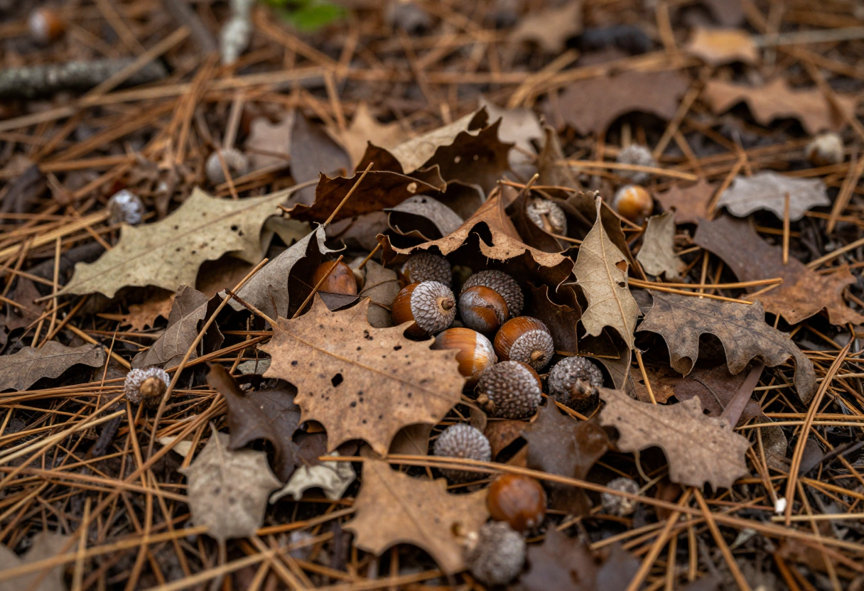 Close up of deer bedding material—freshly disturbed leaves mixed with acorns and pine needles on the forest floor.