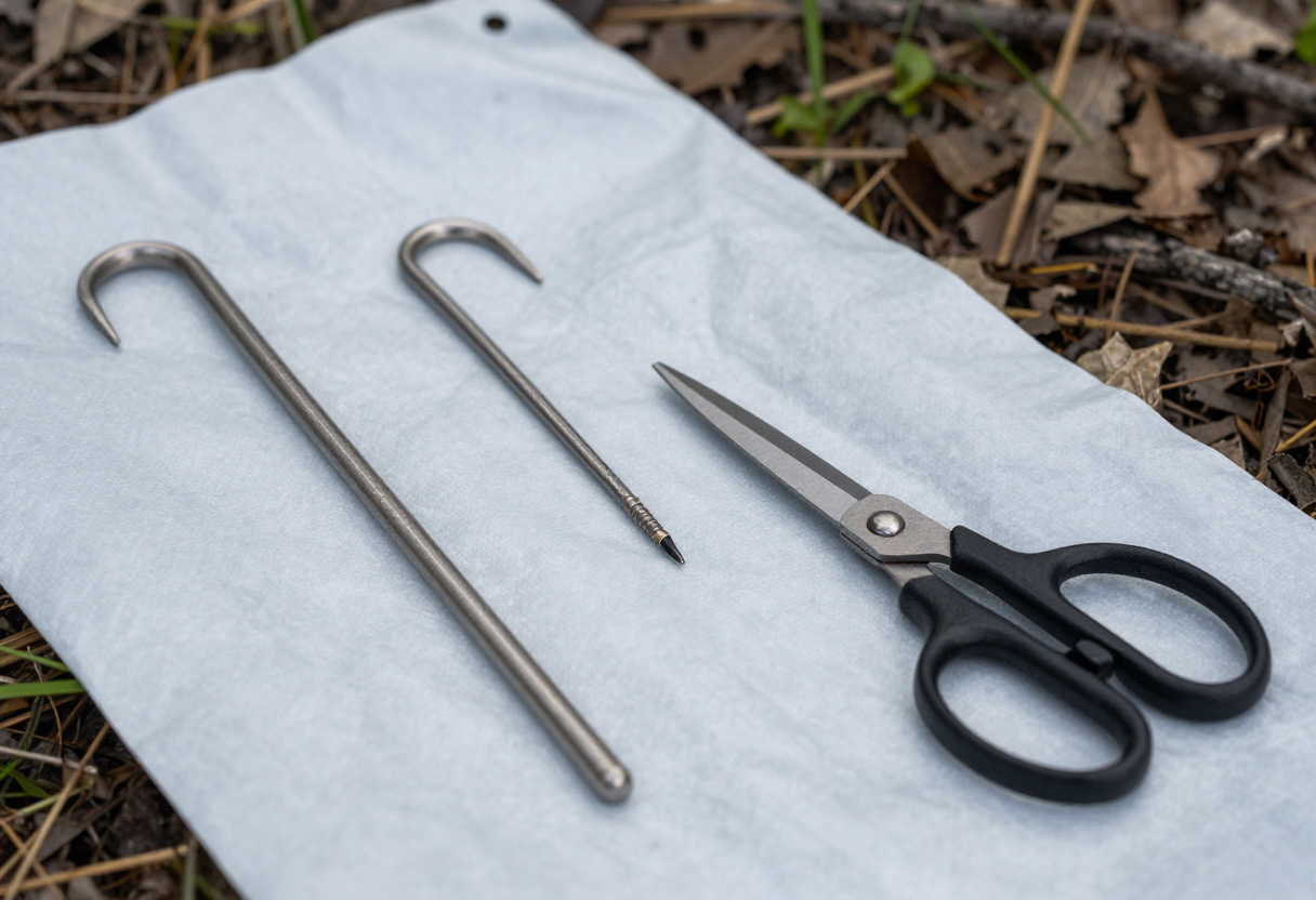 Close-up shot of various field dressing tools—a gut hook, utility knives, and shears—laid out on a clean tarp near the woods edge.