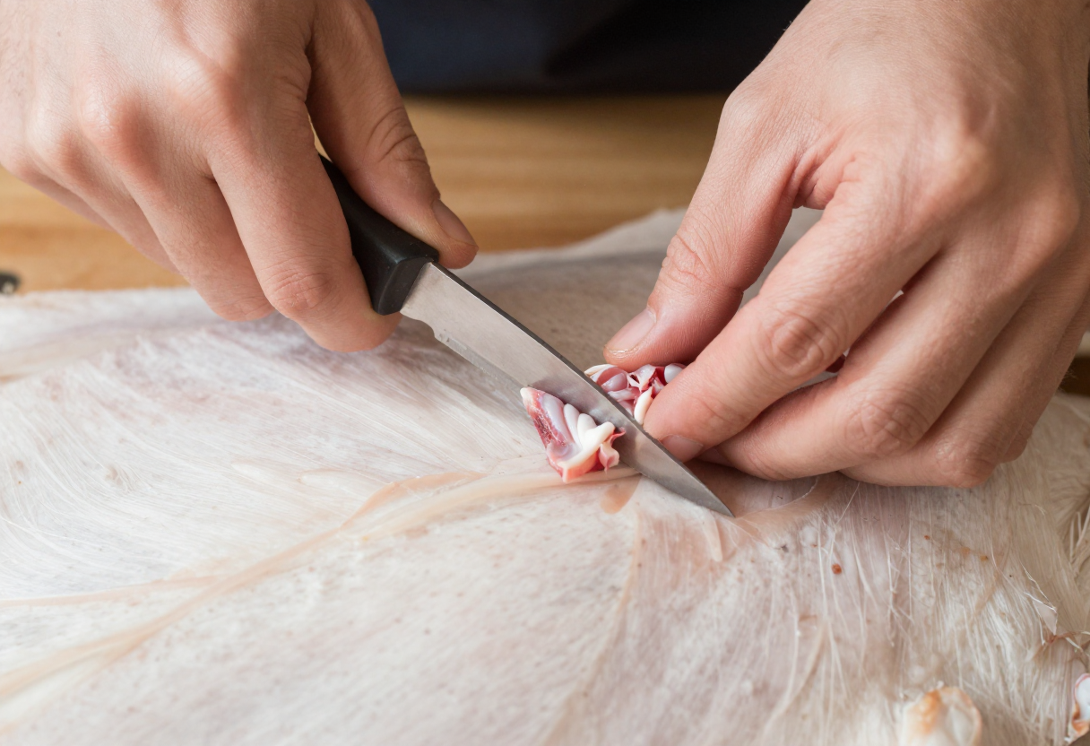 A pair of hands carefully separating deer skin from muscle tissue using a non-serrated knife edge in controlled motions.