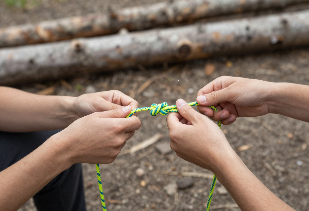 Two people practicing knot tying with bright colored rope against a natural backdrop like fallen logs or dirt.