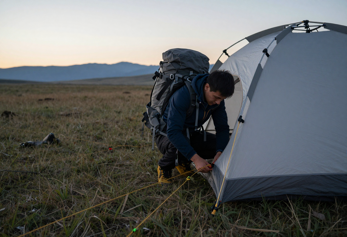 A person setting up a lightweight backpacking tent in a high-altitude meadow at dawn, focusing on securing the guy lines to stable ground.