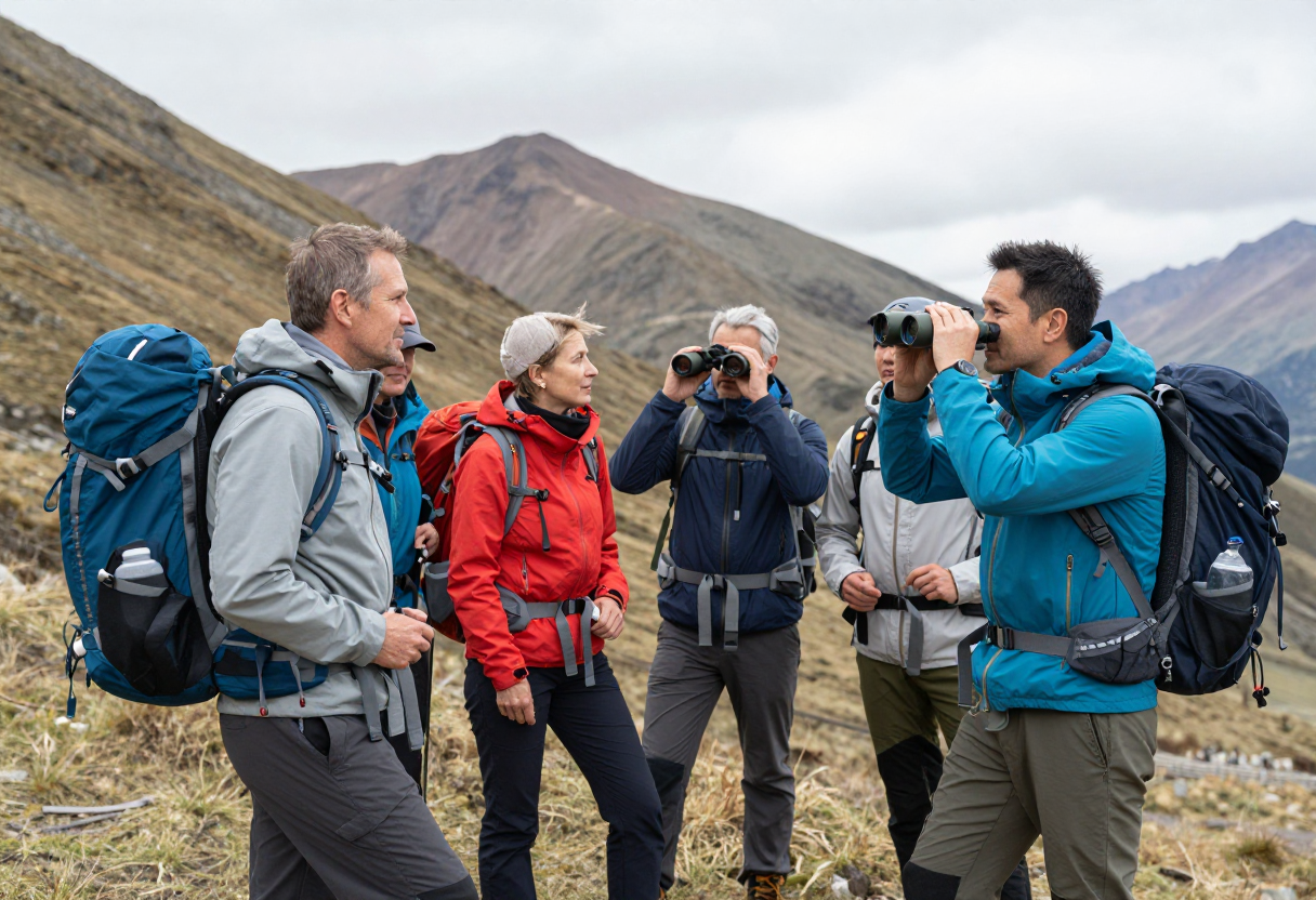 A group of experienced hikers wearing technical gear pauses at a high alpine pass; one hiker points toward a distant ridge line with an outstretched arm while another peers intently through a pair of actual binoculars.