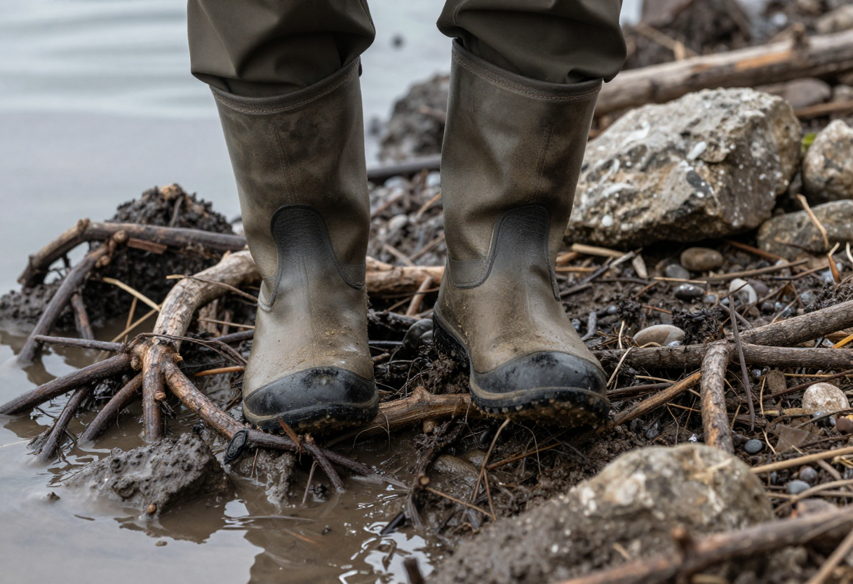 Close-up shot of an angler's boots stepping carefully over uneven terrain (roots, rocks) into the muck near water, illustrating quiet movement.