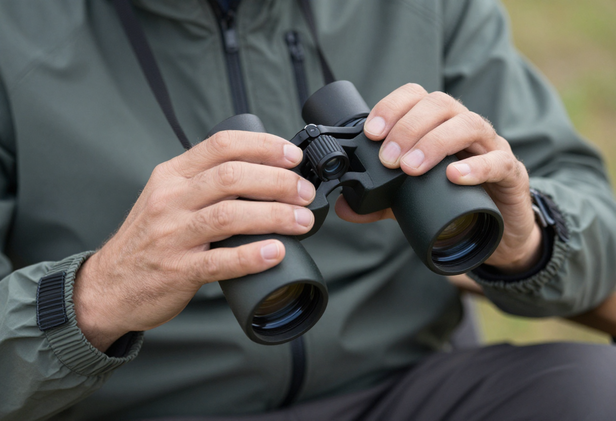 Close up shot of hands adjusting the focus and eyepieces of a pair of basic binoculars while sitting in an outdoor camp chair.
