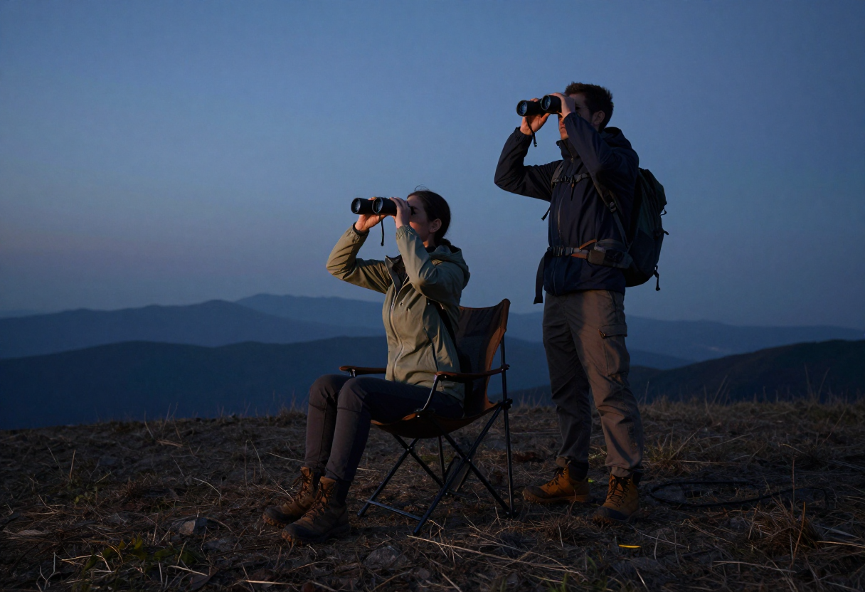 A pair of hikers setting up a low-profile camp chair in an open clearing on a dark, quiet mountain plateau at dusk, looking upward with binoculars.