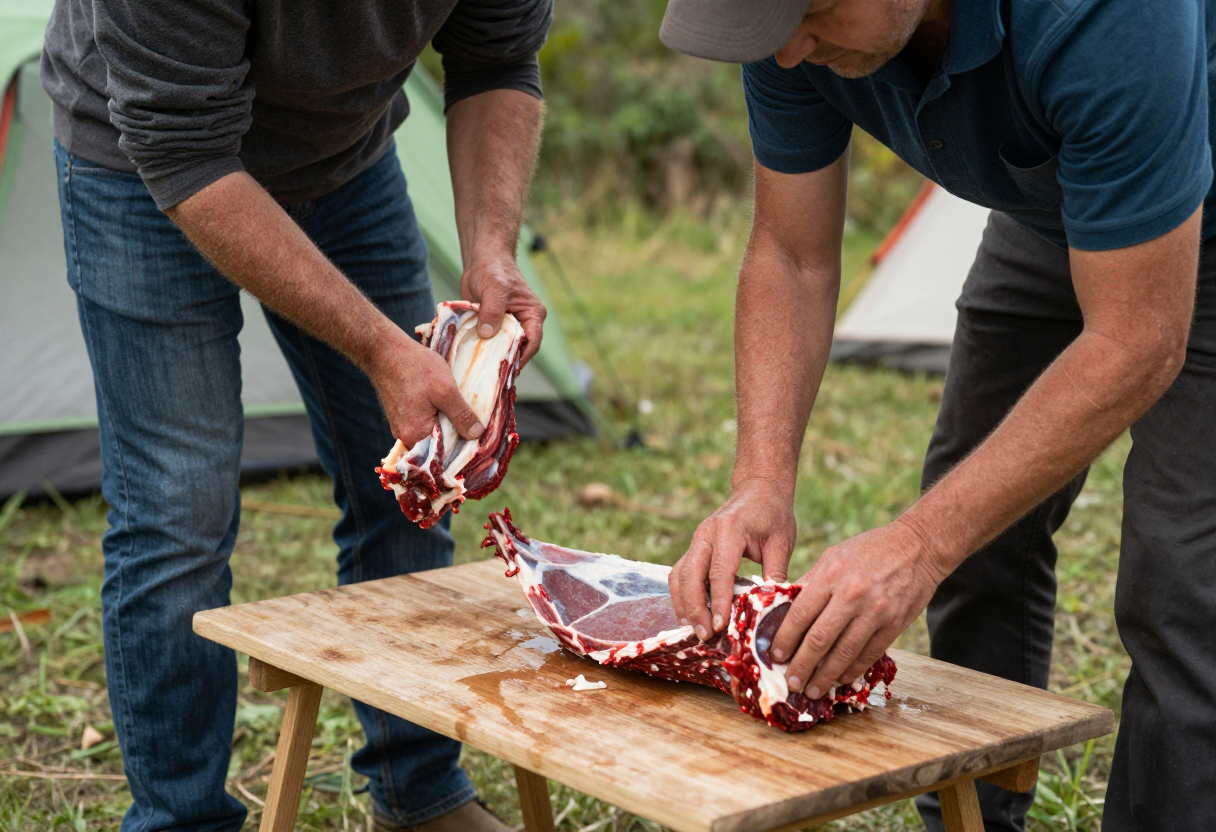 Two people working together to properly field dress and quartered game meat outdoors near a campsite.