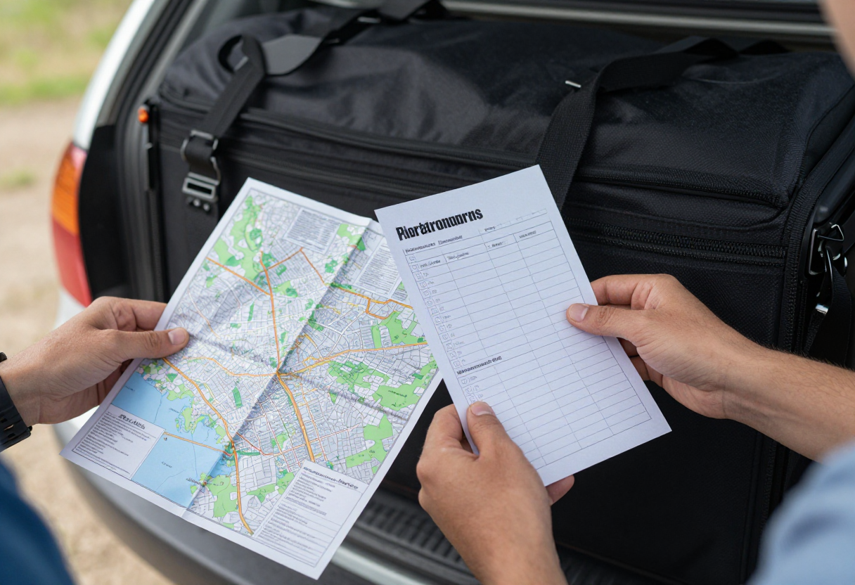 A pair of hands studying printed maps and checking checklists next to a fully packed vehicle in an outdoor setting.