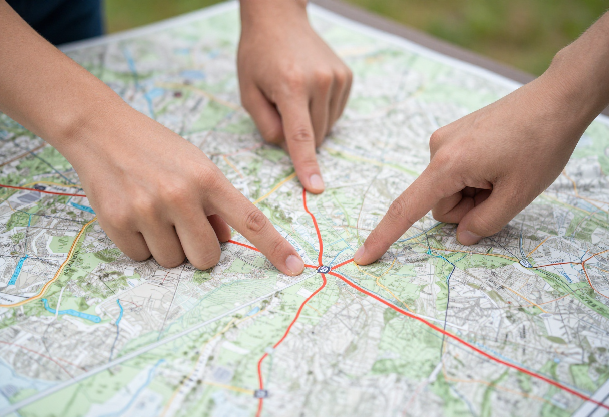 Hands pointing out a marked boundary line on a map or trail.