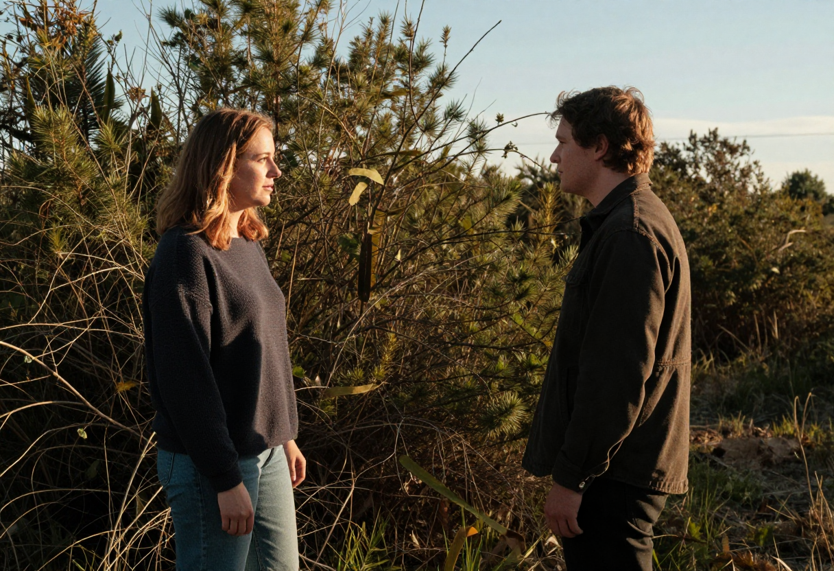 A calm conversation between two people standing side-by-side near some brushy woods in the late afternoon light.