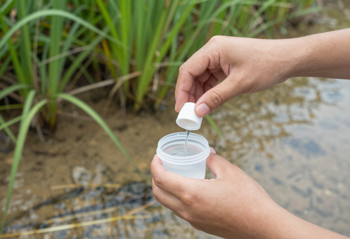 Hands taking a water sample into a small field container near a visible bank edge that shows natural vegetation growth.