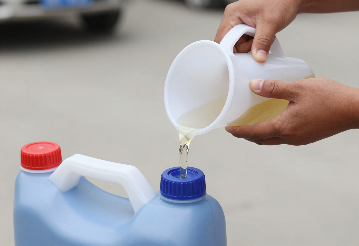 A person carefully transferring liquid fuel from one container to another using a funnel in an open-air setting.