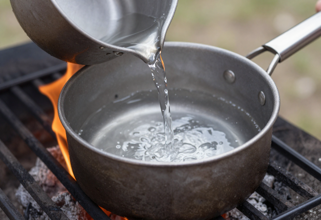 A close-up of a lightweight metal cooking pot being filled with water over an open fire grate setup.