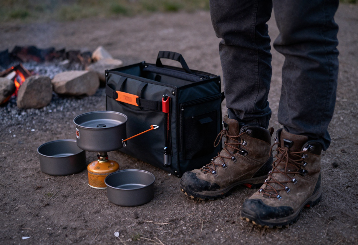 A pair of muddy hiking boots standing next to a neatly organized pile of camping gear, including a small stove, lightweight pot, and fuel canister, placed on rough dirt ground near a campfire ring at dusk.