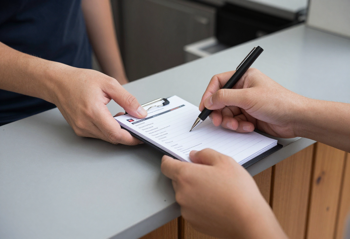 A pair of hands checking identification and permits against a small notepad at an outdoor counter or kiosk, focusing only on the paperwork exchange.
