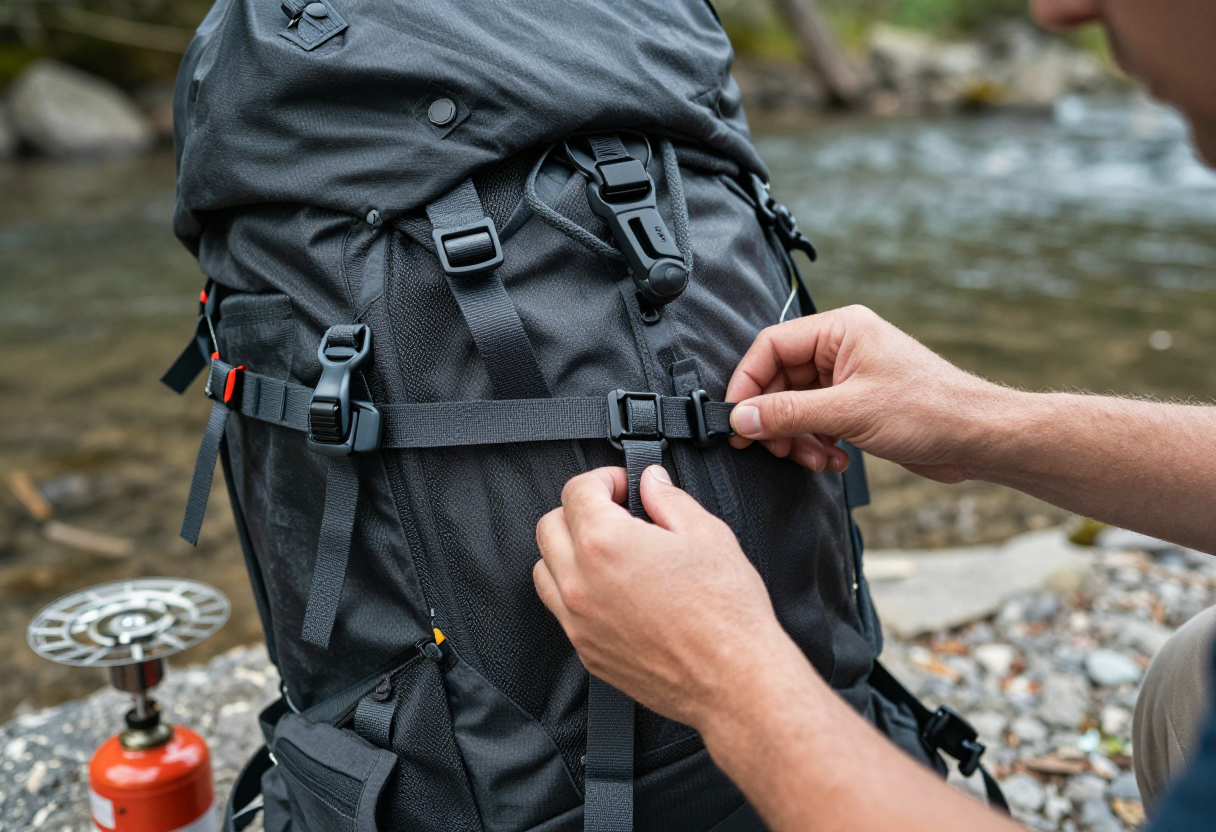 A pair of hands meticulously adjusting the straps and buckles on an already packed hiking backpack while standing next to river gear like a lightweight stove or water filter.