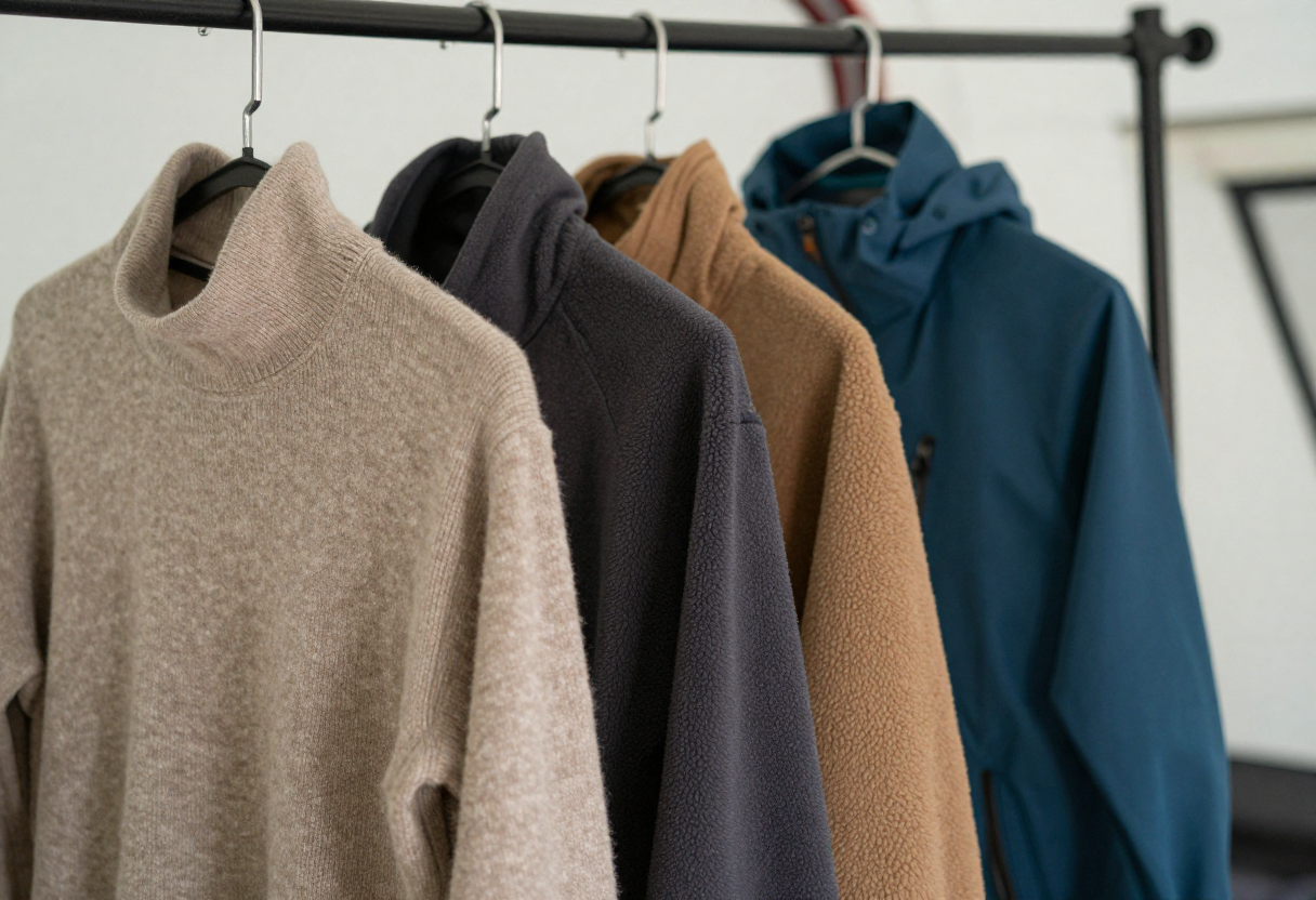 A detailed close-up shot of various layers of clothing (wool base layer, fleece mid-layer, shell jacket) hanging neatly on a carabiner or rack inside a tent.