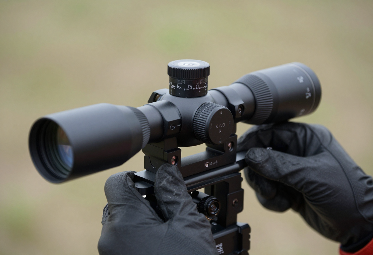 Close up on hands adjusting the turrets and focusing mechanism of a modern scope mount while wearing gloves.