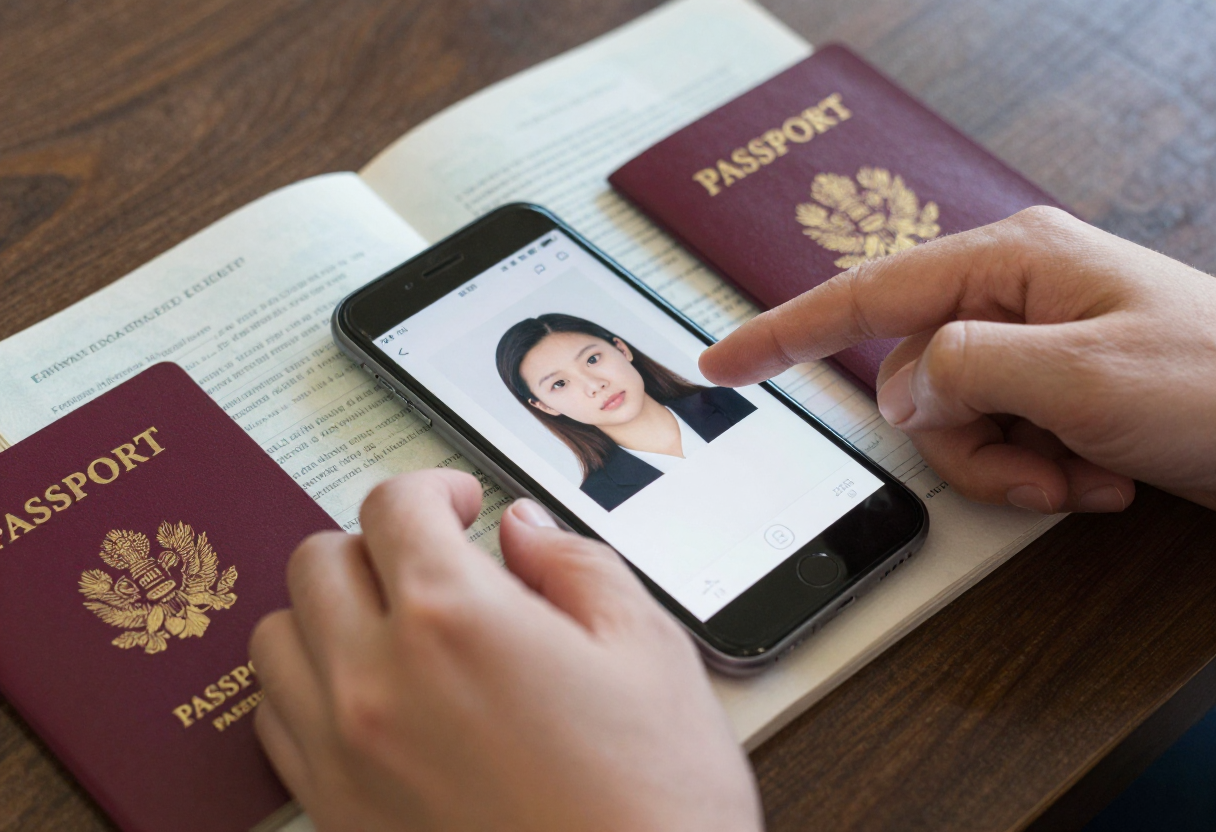 A pair of hands meticulously checking physical travel documents (passports, visas) against digital photos on a phone, emphasizing careful organization rather than just pointing at them.