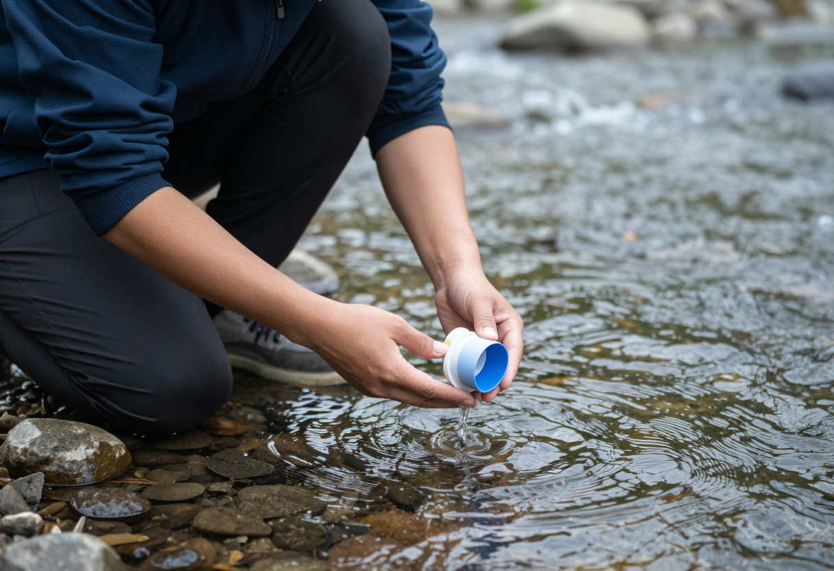 A person kneeling by a flowing river, using specific gear (like a filter or tablets) to test the water quality before drinking. Focus on the methodical process.