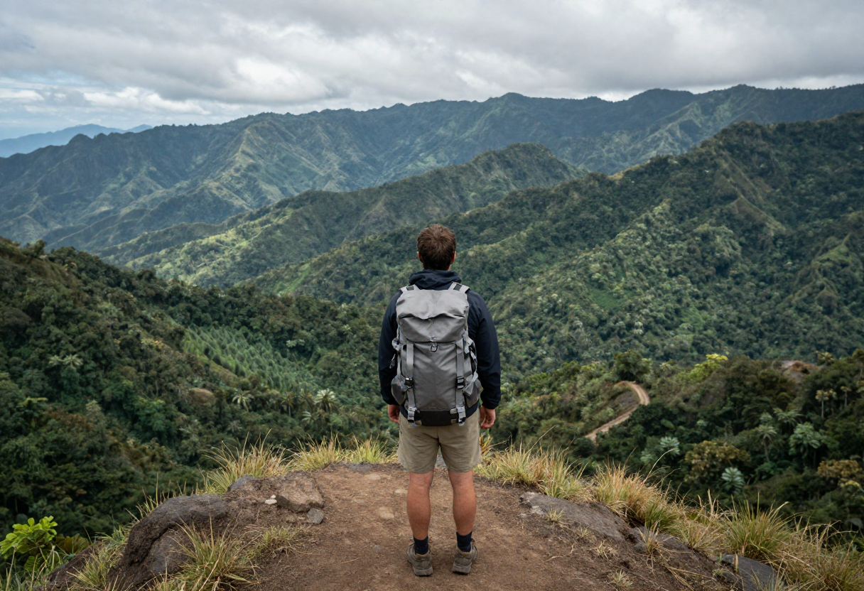 A hiker wearing a well-worn backpack stands on a ridge overlooking an impossibly vast, diverse landscape—part mountains, part jungle, suggesting crossing multiple biomes. The person is taking a moment to look out and absorb the scale of the journey ahead.