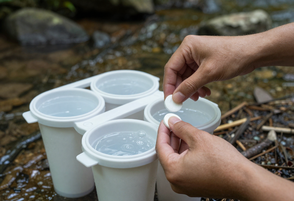 Close up view of hands setting up multiple water filtration devices and purifying tablets near a stream bank in the woods.