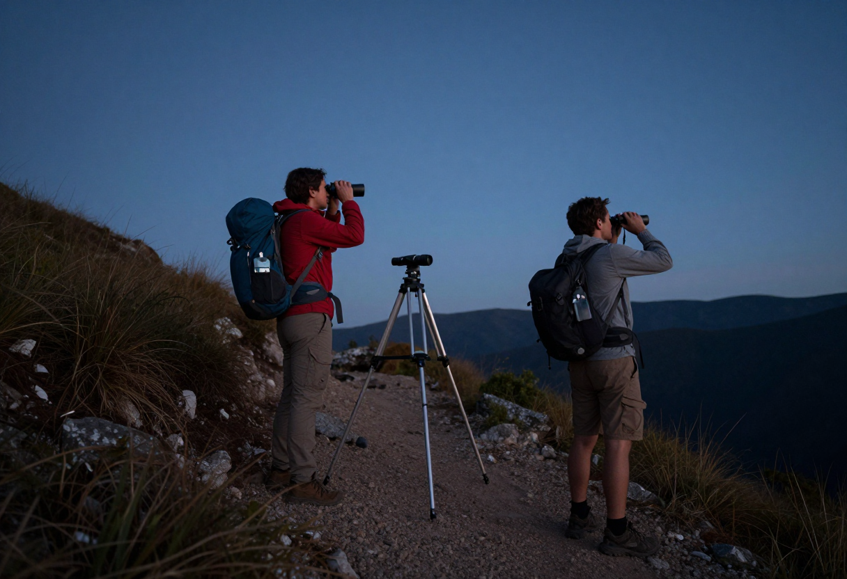 Two hikers stopping on a ridge trail to adjust their field telescopes and view the horizon line against the night sky.