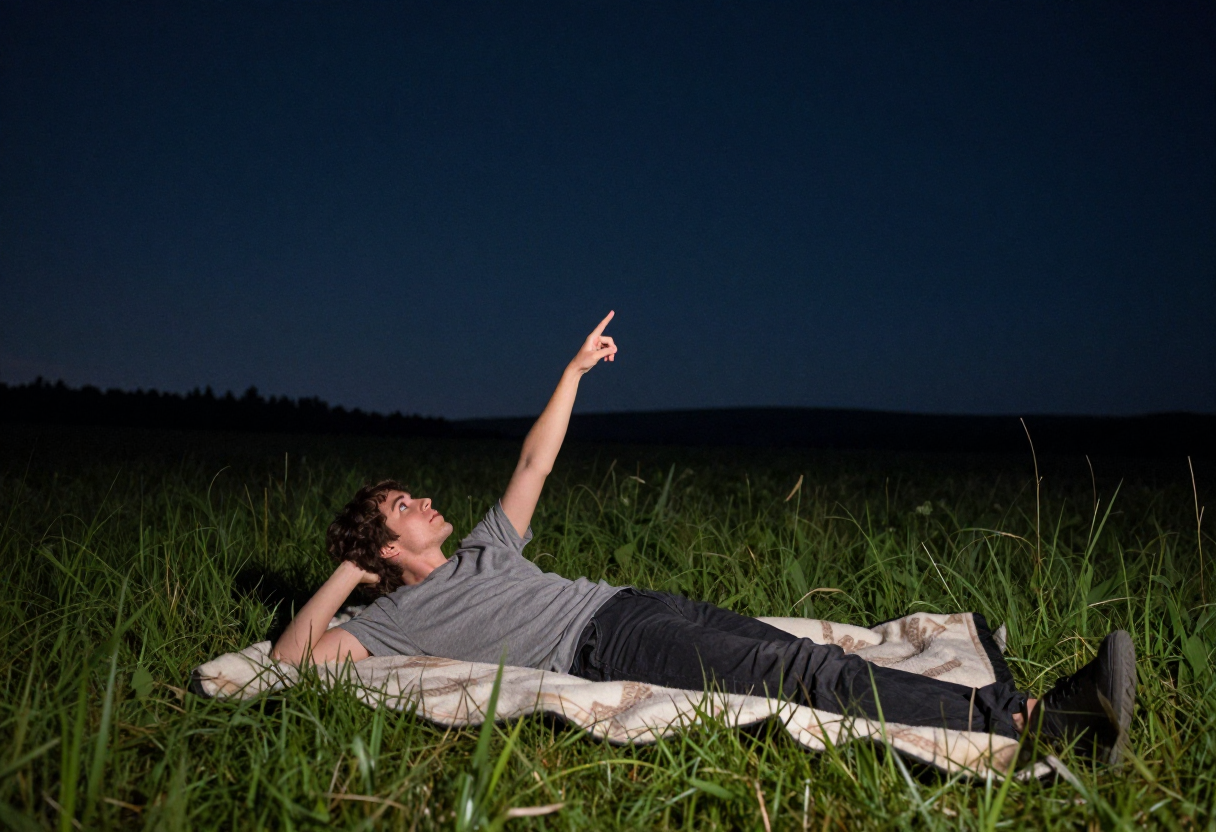A person laying on a blanket in a remote meadow at night, pointing toward the zenith while looking up at the sky.