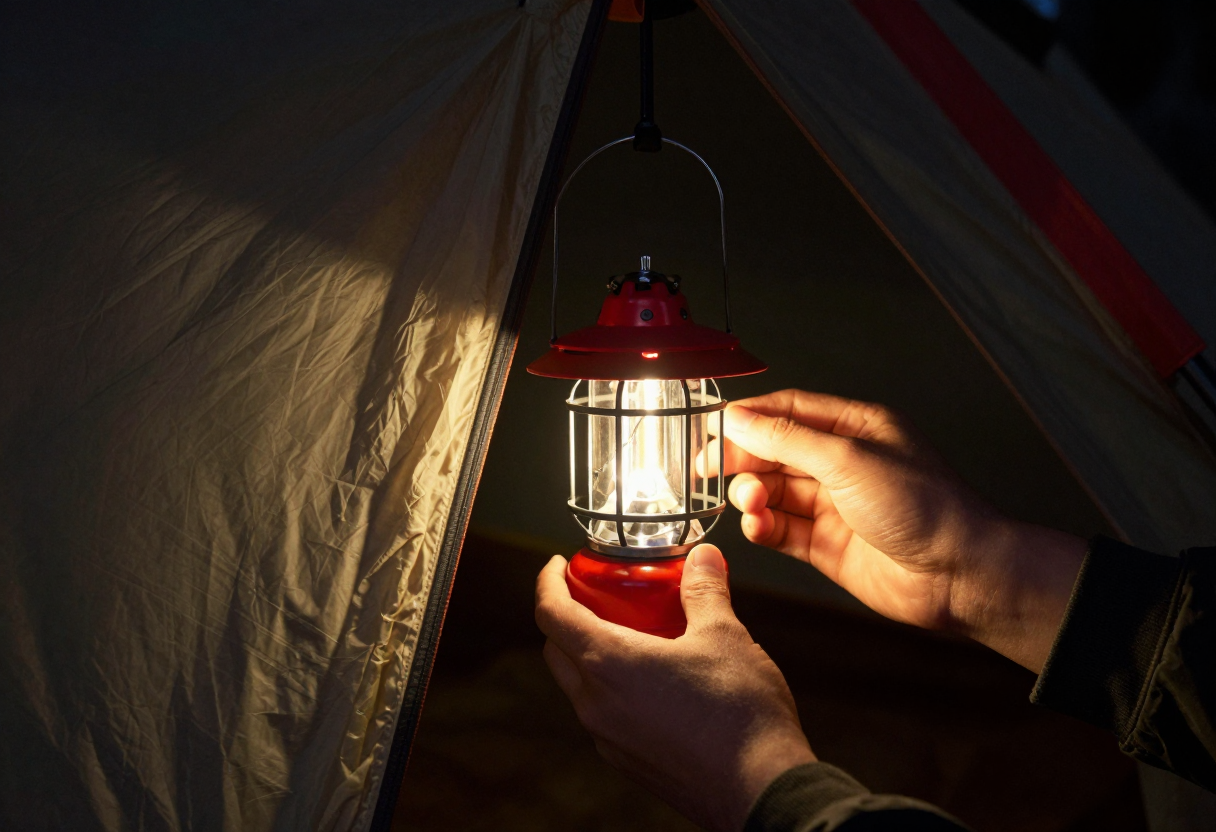 Close-up image showing hands adjusting simple red headlamps or lanterns in total darkness while setting up a camp tent entrance.