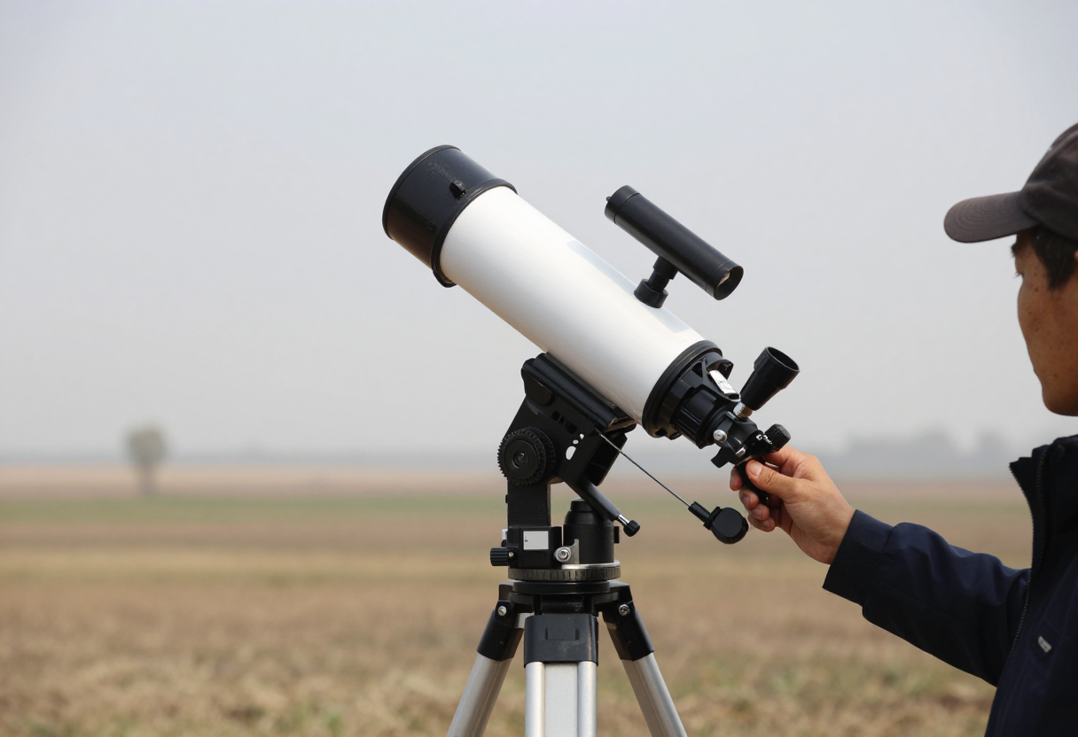 A person using an alt-azimuth mount telescope setup on a stable tripod in a remote field. The focus is on the mechanical stability of the gear.