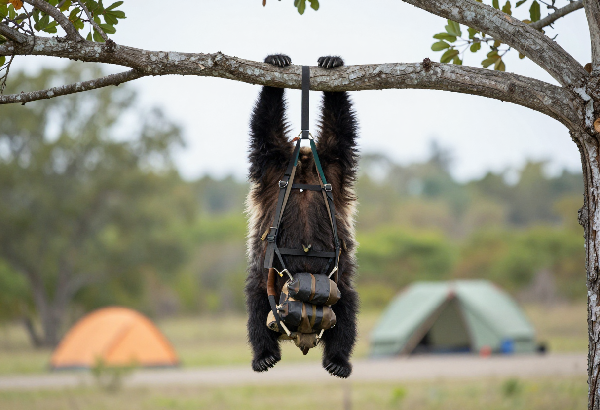 Hands hanging a bear canister from a sturdy tree branch far away from any campsite structure.