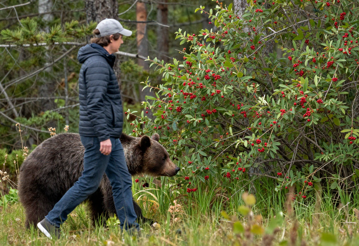 A person walking casually in the woods while keeping their distance from a visible bear browsing for berries.