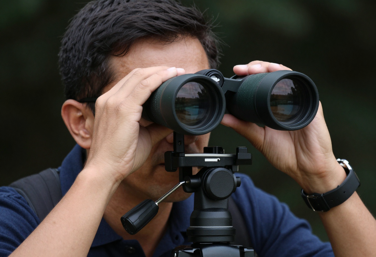 Close up on an amateur astronomer using binoculars to observe a celestial object through a tripod mount setup, with the background showing dark foliage.