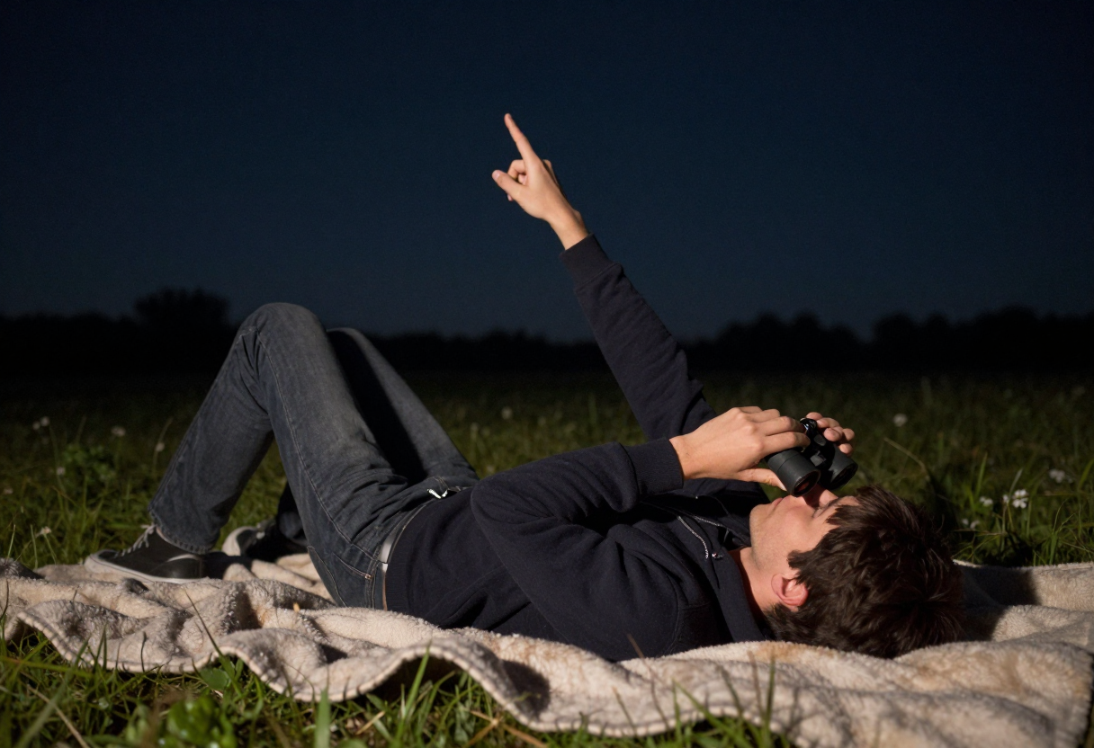 A person lying on a thick blanket in an open field at night, pointing towards the sky with one hand while observing through small binoculars held up to their eyes.