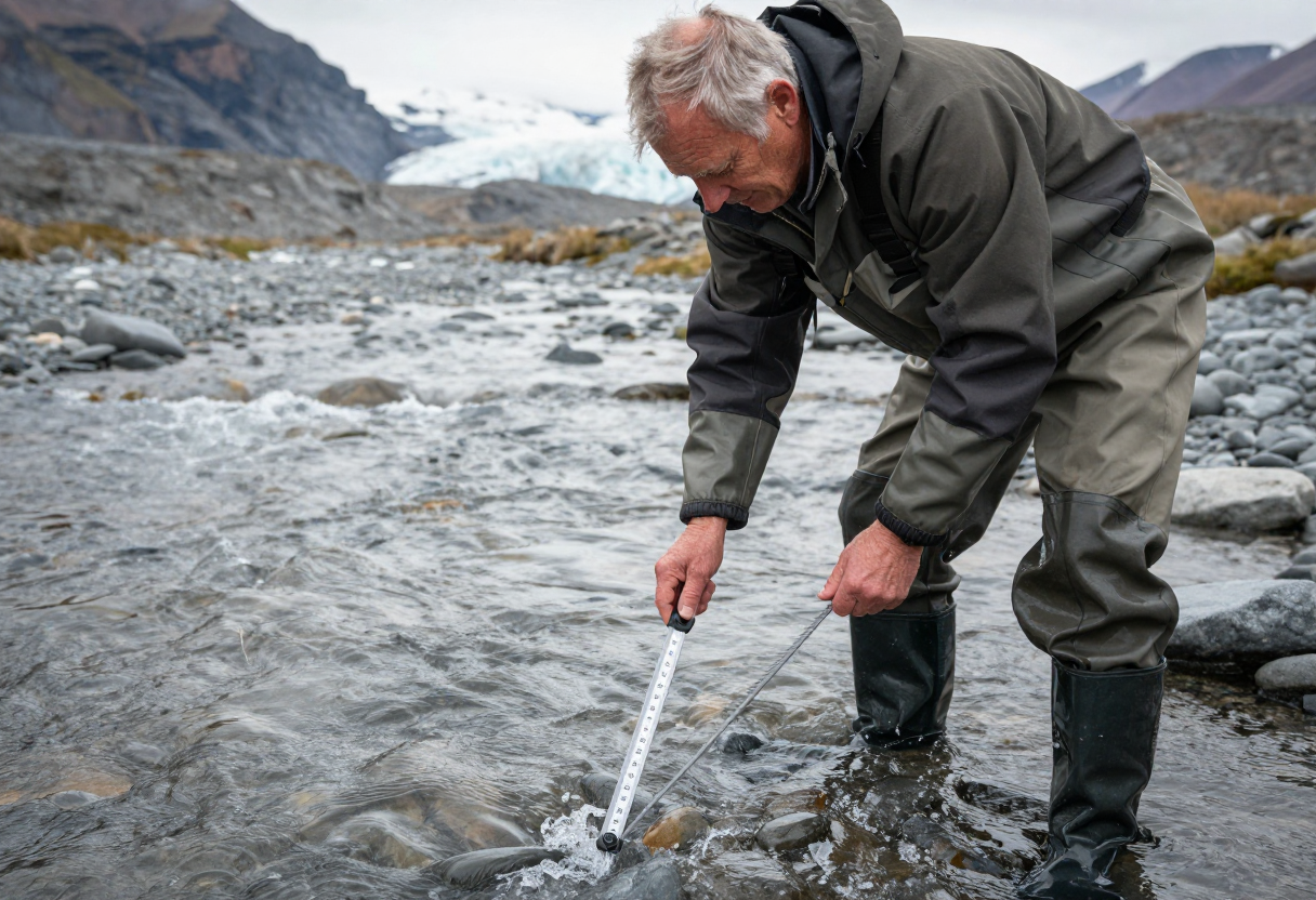 An older man wearing waders is meticulously checking the flow and depth of a large glacial stream using only his hands and an adjustable measuring stick.