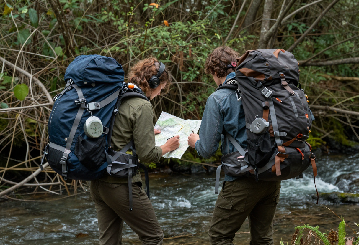 Two friends are carrying heavy backpacks through thick underbrush while consulting a physical topographical map and compass near a river crossing.