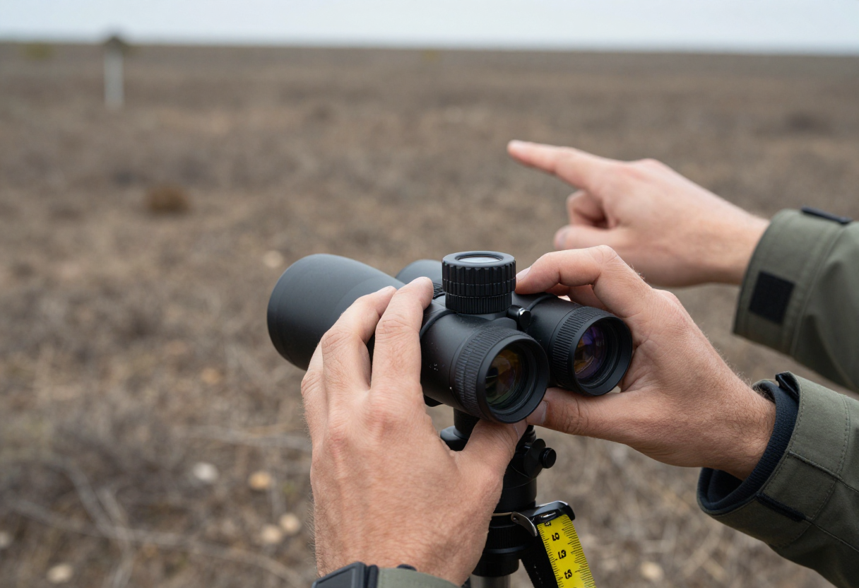 A pair of hands using a spotting scope and measuring tape to estimate distance across uneven terrain from cover. One hand points toward the target area while the other adjusts the equipment's focus.