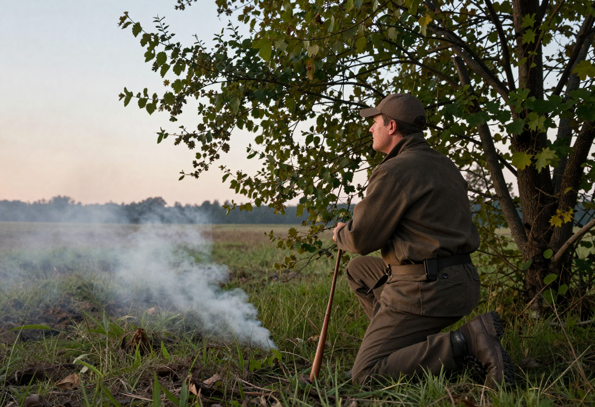 A hunter kneeling in an open field before dawn, patiently watching for signs of wind shift by observing smoke rising from the ground and noting how leaves are moving on nearby trees.