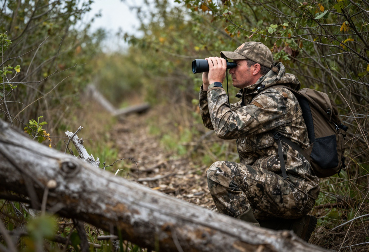 A hunter, dressed for wilderness travel and wearing appropriate camouflage, hunkers down behind natural cover (like fallen logs or dense brush), observing a distant game trail through binoculars. The focus is on the tension and stillness of observation.