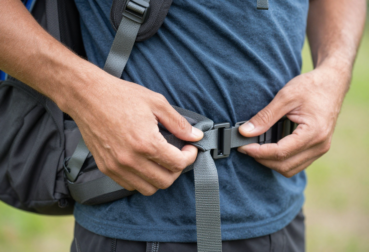 Close-up shot of nylon webbing straps being adjusted around the hip belt of an ultralight backpack while standing outdoors.
