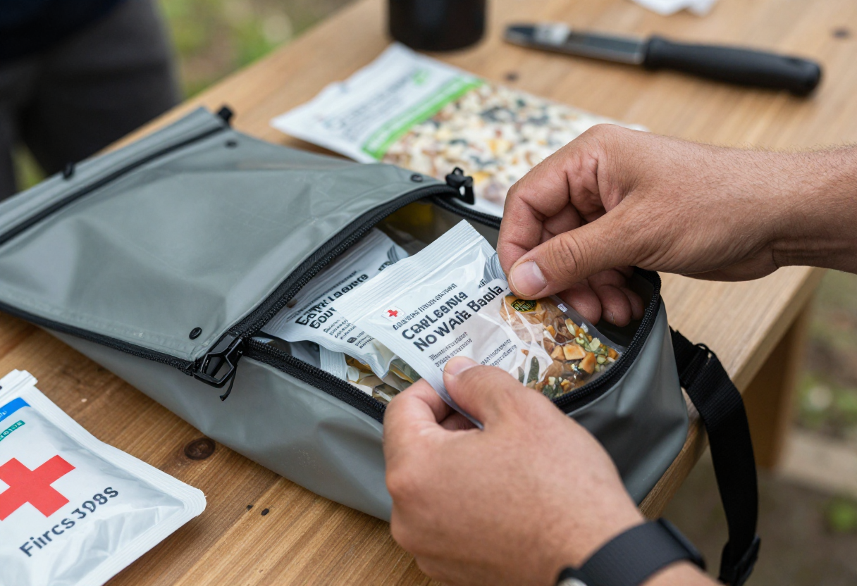 Close up shot of hands packing emergency rations (e.g., extra dehydrated meals or high-calorie bars) into a waterproof bag next to visible first aid supplies on a trail counter.