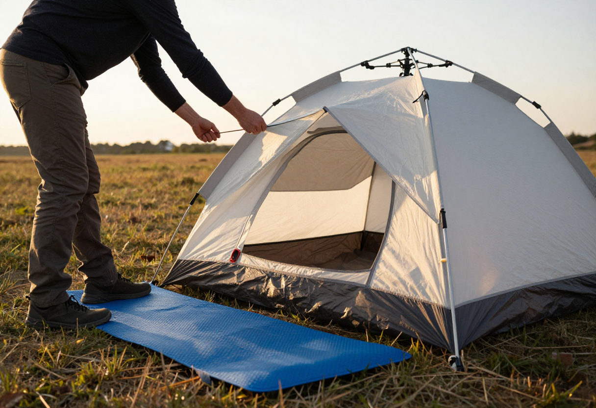 A hiker setting up a proper tent camp in an open clearing during golden hour. The person is visible securing guy lines and laying out sleeping pads.
