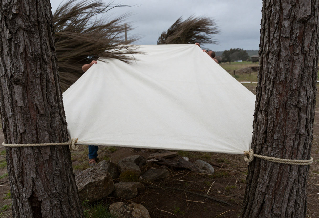 Hands pulling taught canvas material (a tarp) between two thick tree trunks during a strong wind, securing the edges with rope and rocks for maximum tension.