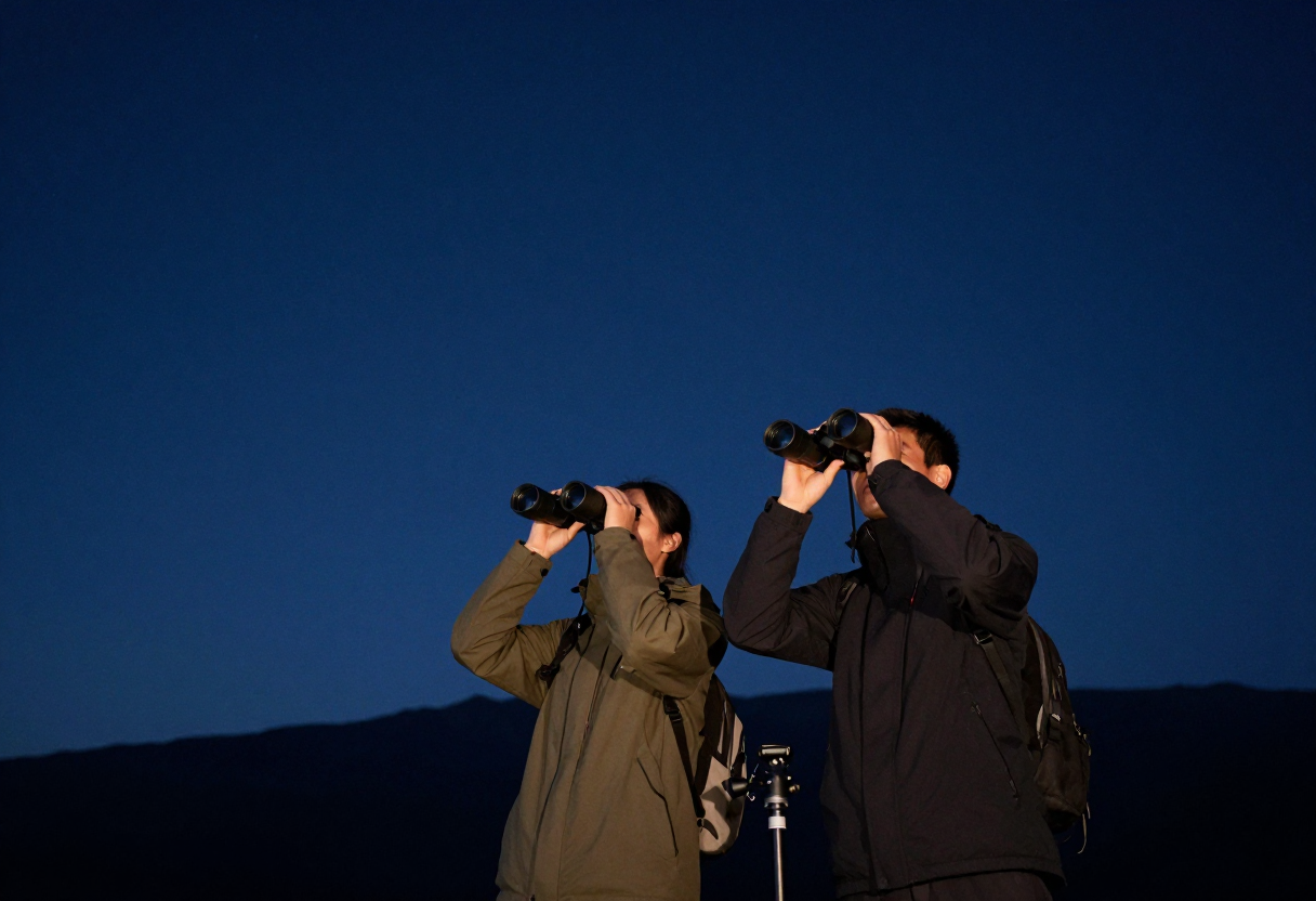 Two people looking up into an extremely dark, clear mountain night sky using binoculars on a tripod, with faint atmospheric glow visible overhead.