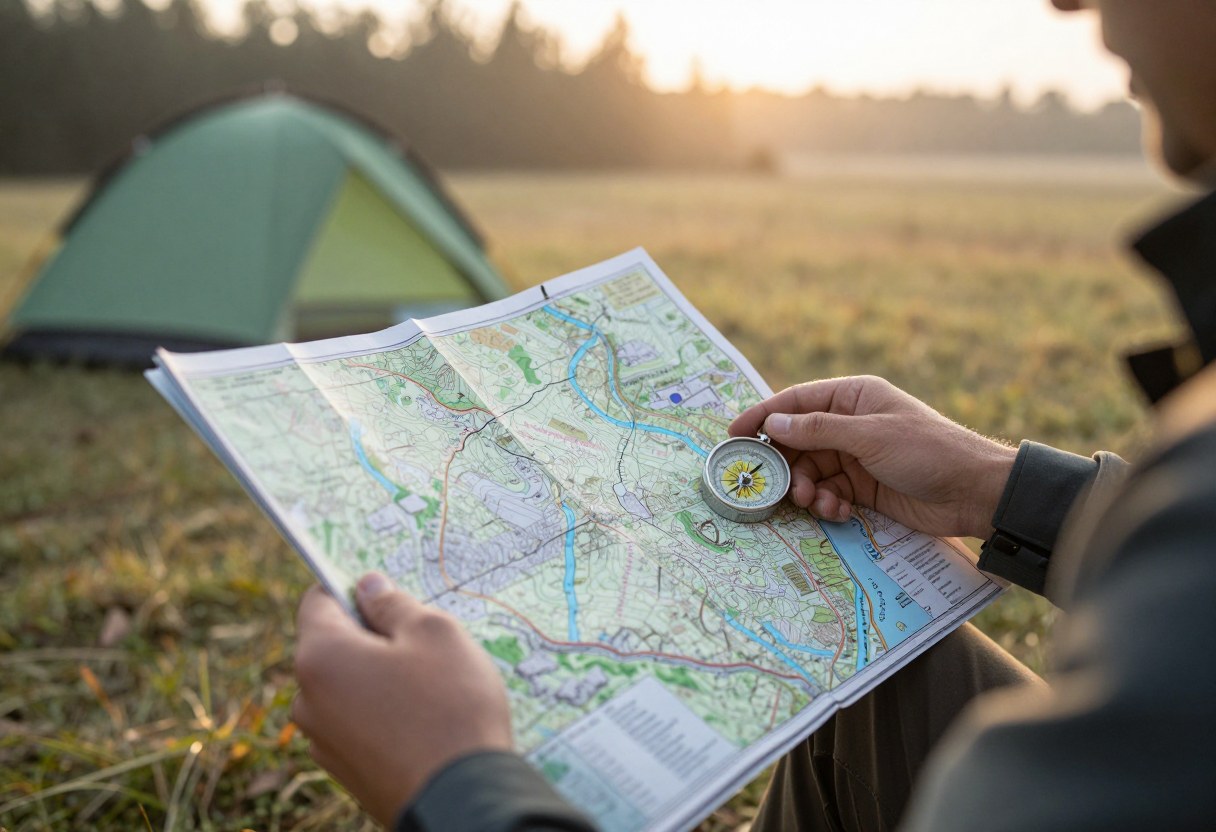 A person reading a topographic map and compass at a campsite in early morning light