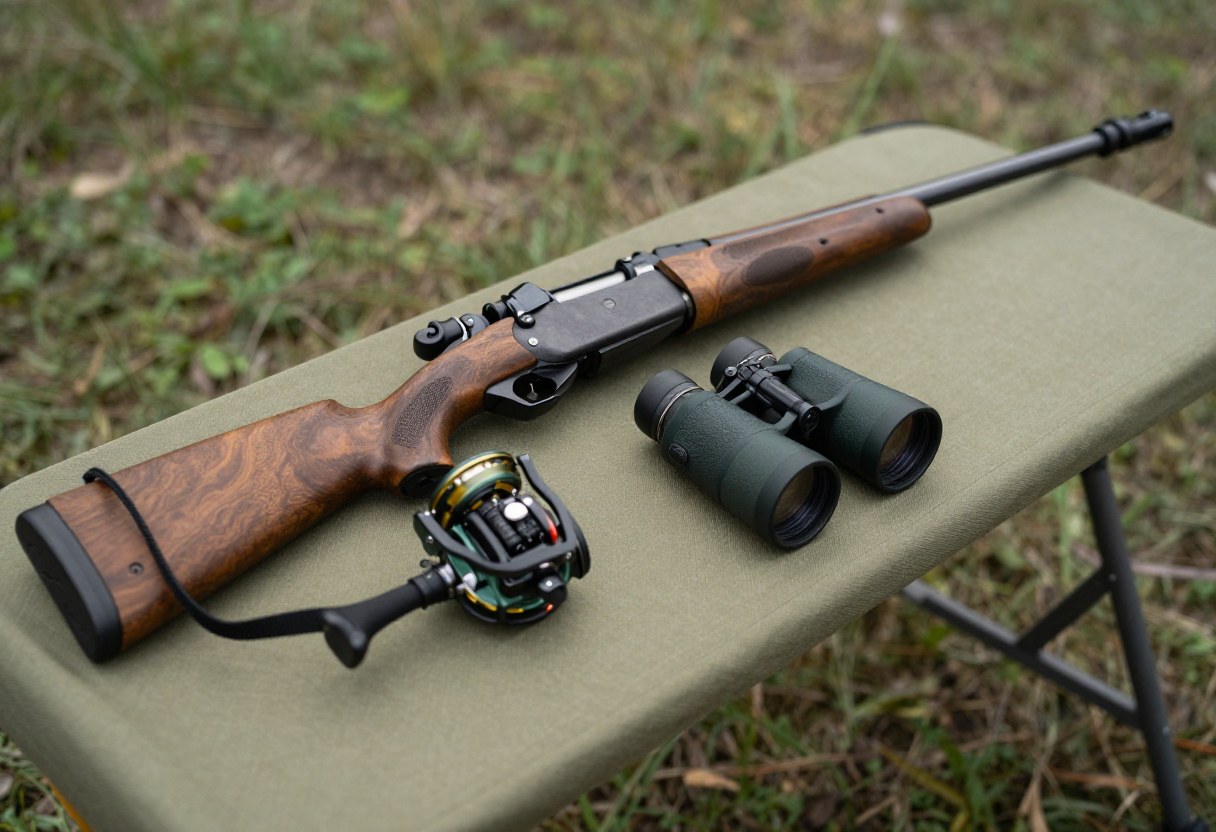 A camp table with a rifle, binoculars, and a fishing reel laid out for cleaning and maintenance