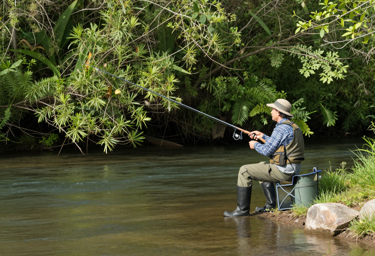 An angler casting a line from the bank of a slow-moving river surrounded by thick riparian vegetation.