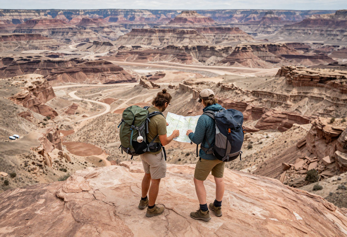 Two hikers checking a paper trail map together on a rocky desert overlook, canyon terrain in the distance.